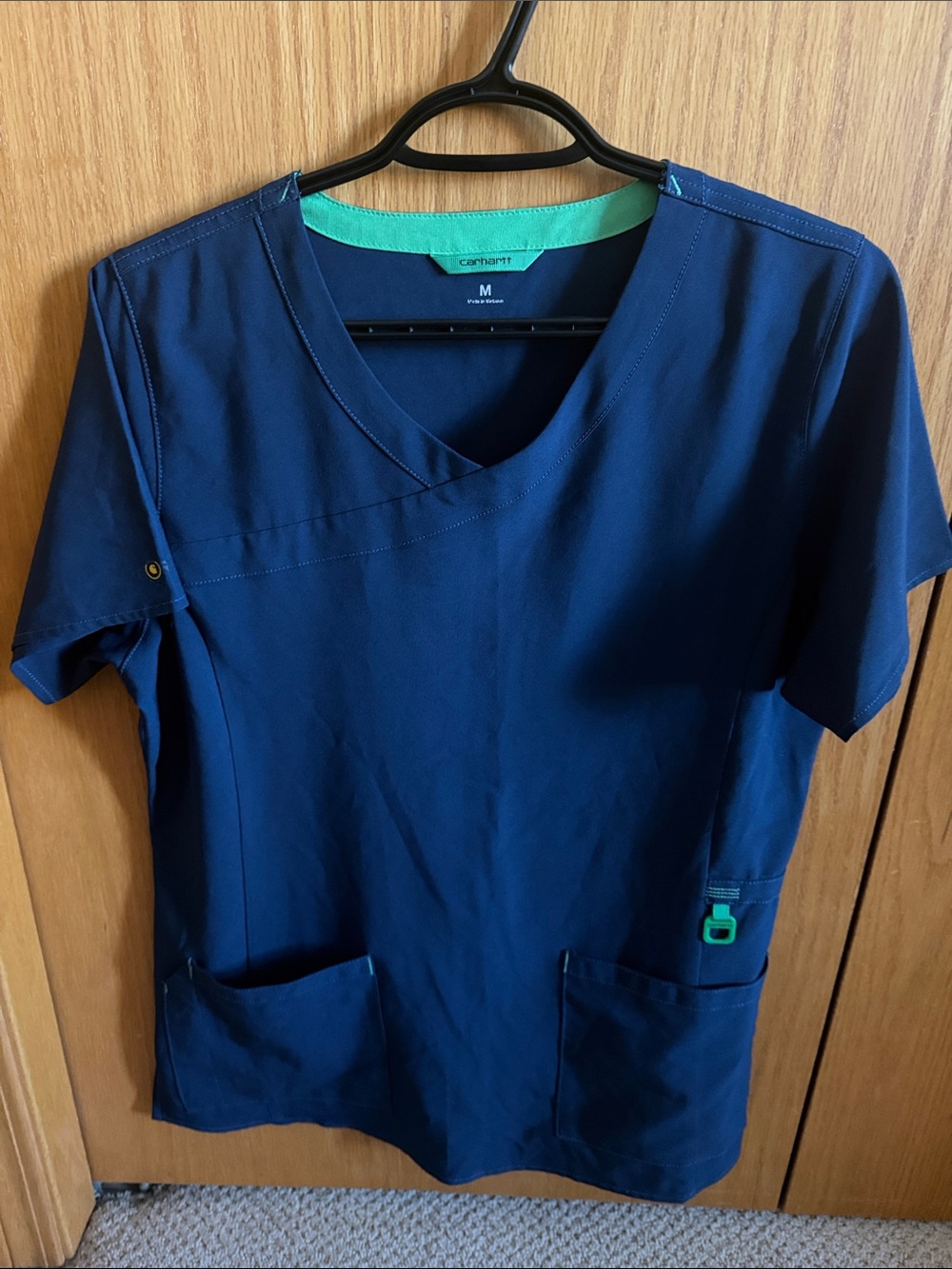 Carhartt Women's Navy Scrub Top with Teal Trim - V-Neck Utility Tee